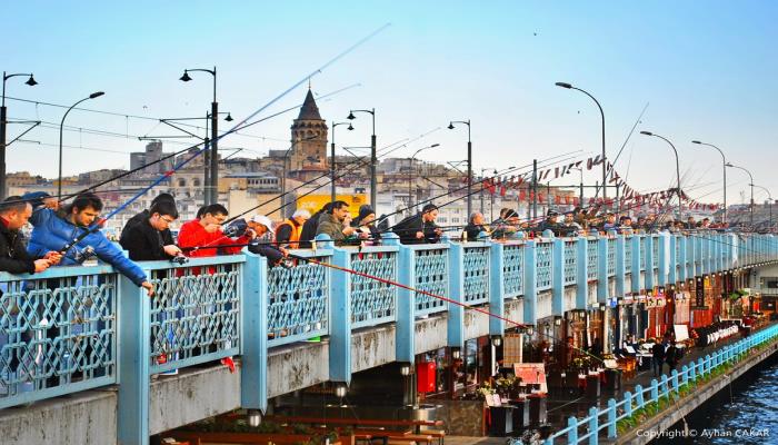 Galata köprüsü balıkcılarla tıklım tıklım
